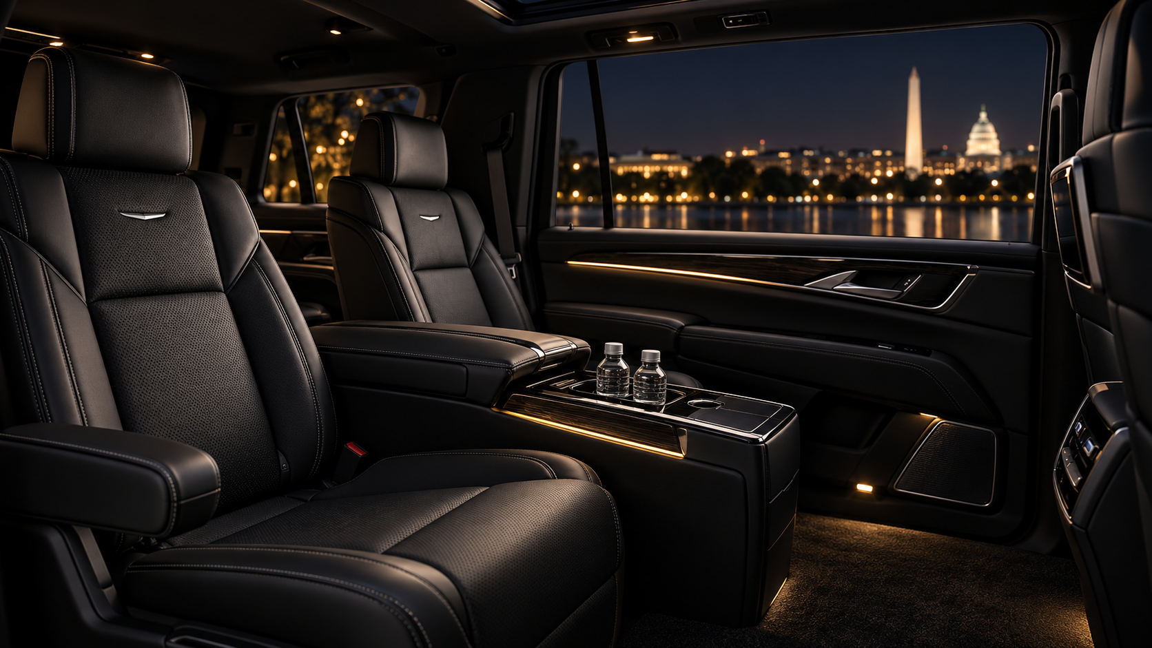 Luxury private vehicle cabin at night